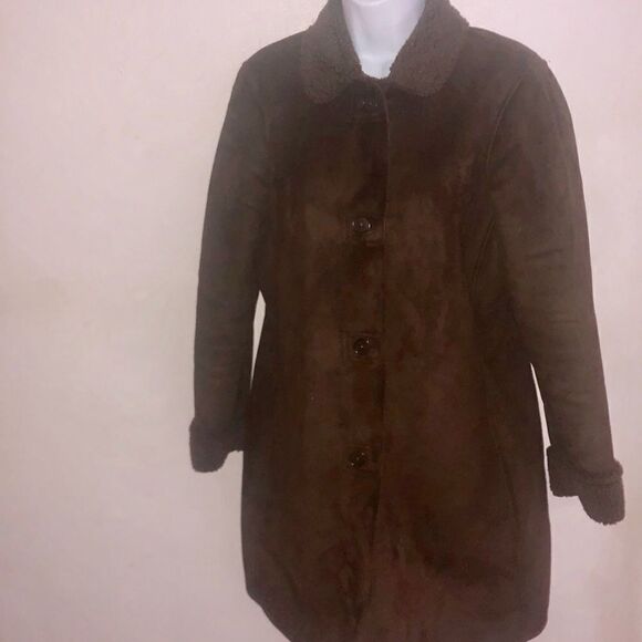 Lands End Brown Suede Fleece Knee LengthCoat S 6-8 - Picture 1 of 6